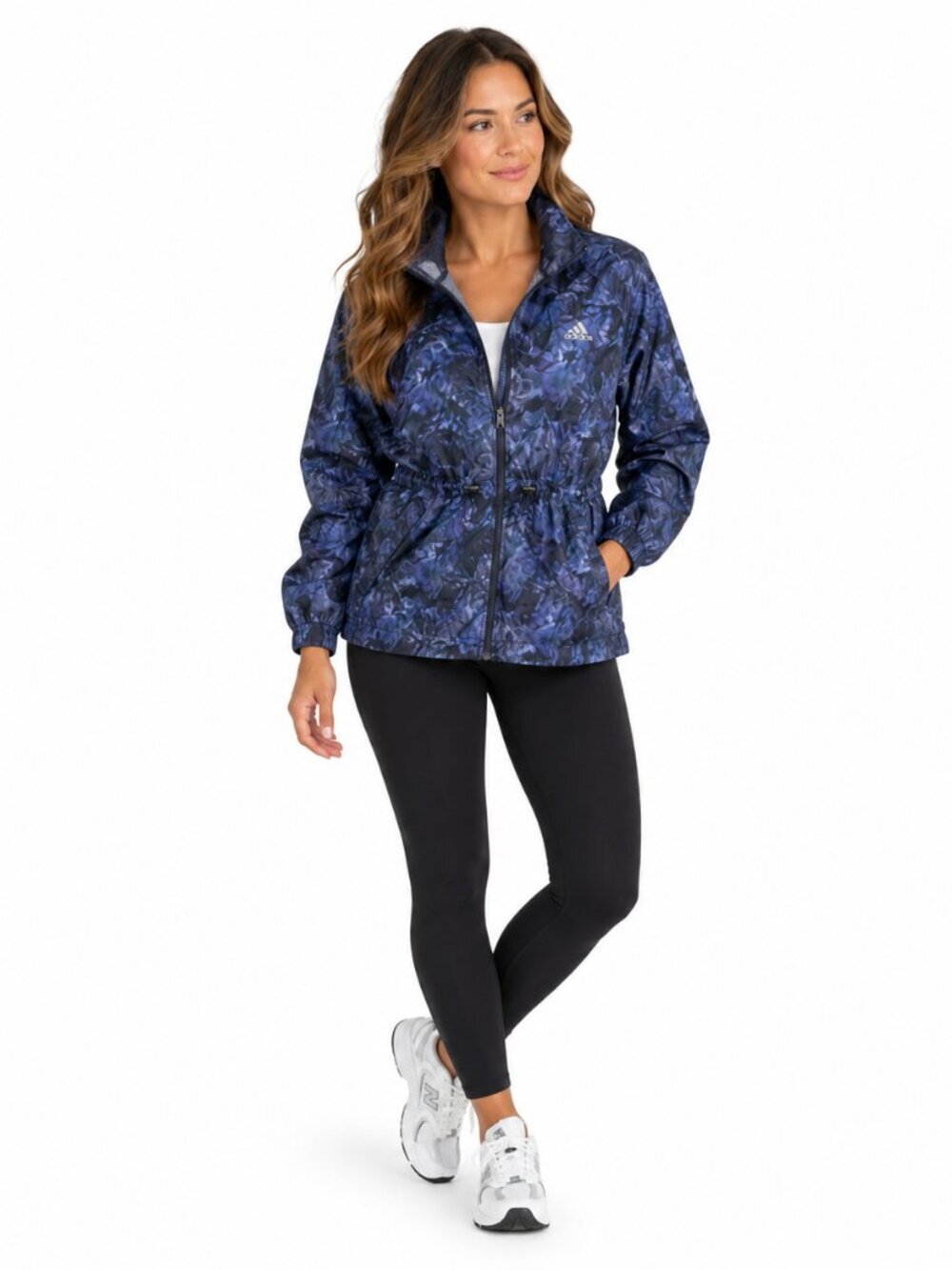 Adidas Womens L Blue Camo Windbreaker Jacket Hidden Hood Lightweight